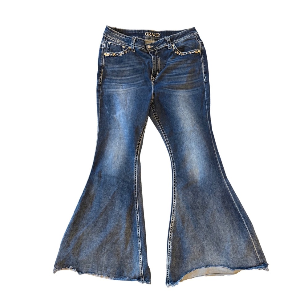 Grace in LA Womens Embroidered Sequin Bootcut Jeans Blue Size 34 EB71542